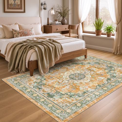 5x7 Area Rugs for Living Room, Boho Washable Non Slip Carpets, Green Orange - Image 2
