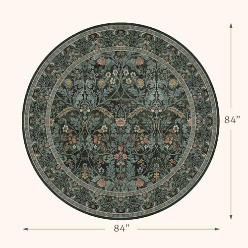 Washable 7ft Round Area Rug for Living Room, Dark Green Vintage Floral Rug for Dining Room Under Table Bedroom, Non-Shedding Pet Friendly Boho Floor Decor, Large Arts and Crafts Floral Circular Carpet - Image 2