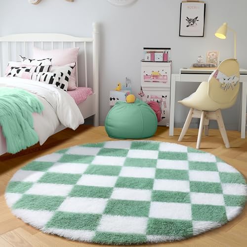 KICMOR Round Rug 4ft for Bedroom, Fluffy Soft Circle Area Rug Cute Small Living Room Carpet, Sage Green and White Fuzzy Shag Shaggy Checkered Circular Rugs for Kids Room Nursery Home Decor Aesthetic - Image 3