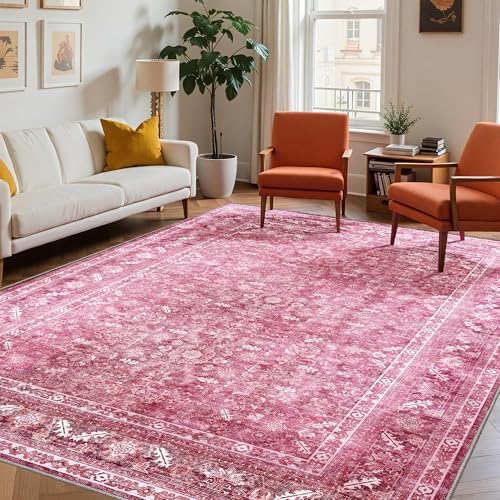 OPPODREAM Vintage Hot Pink Area Rugs 8x10, Washable Rug for Living Room by OPPODREAM