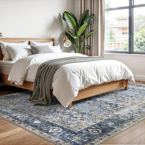 KUTA Vintage Floral 6x9 Area Rugs Blue Grey Beige Washable Rugs - Image 4