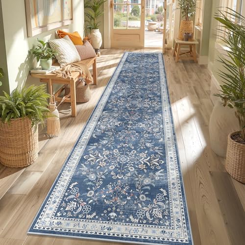 Yamaziot 2x10 Washable Hallway Runner Rug Non Slip Floral Carpet, Blue - Image 3