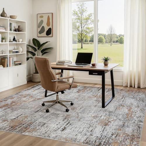 DMOYEST Area Rug Living Room Rugs - 5x7 Large Soft Indoor Neutral Modern Abstract Low Pile Washable Rug Carpet for Bedroom Dining Room Farmhouse Home Office - Grey Rust - Image 3