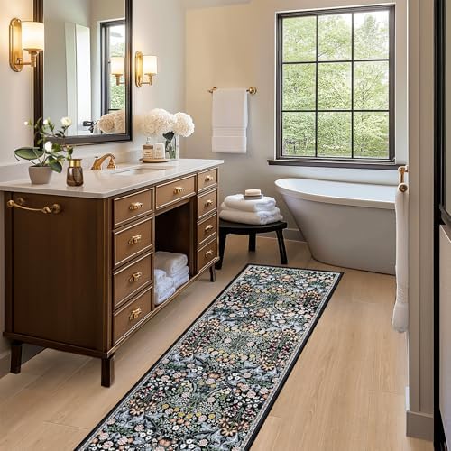 PLHXFR 2x5 Washable Runner Rug：Floral Indoor Kitchen Carpet Dark Black - Image 6
