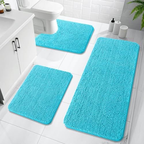 OLANLY Bathroom Rugs Sets 3 Piece, 47"x20"+24"x16"+24"x20", Aqua Sky by OLANLY