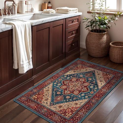 Tangsoo Oriental 2x3 Washable Rugs for Entryway Non Slip Small Rug Red Blue - Image 3