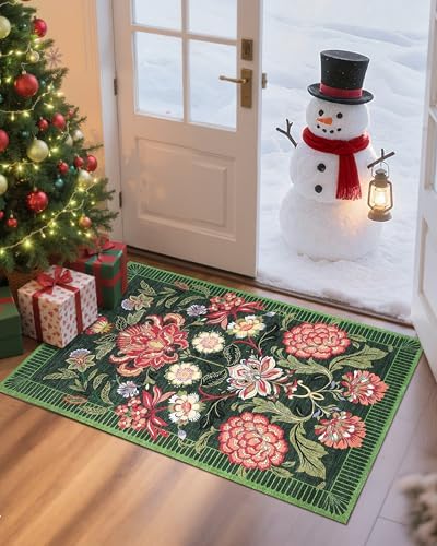 GarveeHome Forest Green Floral 2x3 Door Mat Indoor Rugs for Entryway Small Vintage Boho Cottage Washable Non-Slip Low-Pile Rug for Bedroom Kitchen Bathroom Entrance by GarveeHome