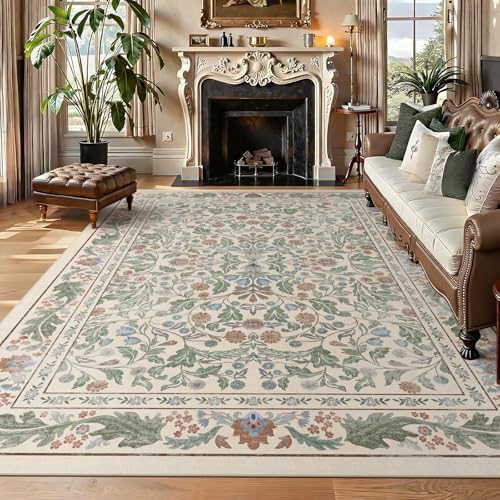 Floral 8x10 Area Rugs for Living Room, Machine Washable Vintage Rug Boho Low Pile Carpets Non Slip Soft Carpet for Farmhouse Bedroom Office Rugs, Kids Room, Nursery Room, Playroom, Beige - Image 2