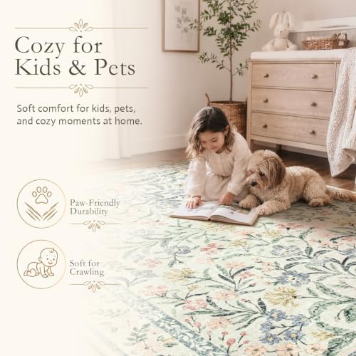 Wonnitar Washable 6x9 Area Rugs, Soft Floral Rug for Bedroom Kids Playroom Light Colored Carpet, Non Slip Ultra-Thin Indoor Beige Carpet for Living Room Classroom Office - Image 5