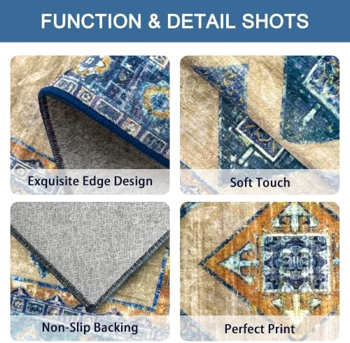 Kitchen Rugs Sets of 3 Non Slip Washable Kitchen Mats for Floor, Tan Blue - Image 5