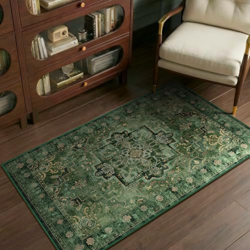 Dark Green Vintage Entryway Rug 3x5, Tranditional Medallion Distressed Throw Rug for Bedroom Bedside, Washable Non Slip Low Pile Small Area Rug for Living Room/Kitchen/Bathroom/Dorm/Closet by Jainmy