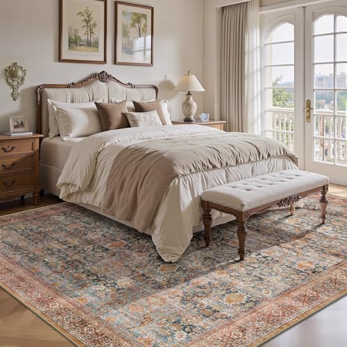 9x12 Area Rugs for Living Room - Washable Vintage Retro Large Rug, Soft Ultra Thin Non Slip Low Pile Traditional Distressed Boho Carpet for Bedroom Dining Room Home Office, Rust Clay - Image 4
