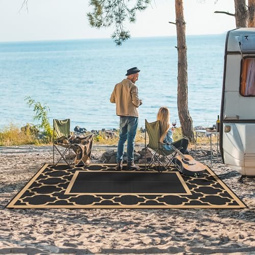GENIMO Outdoor Rug, Waterproof Plastic Rugs for Patio, 6'x9' Black Brown - Image 2