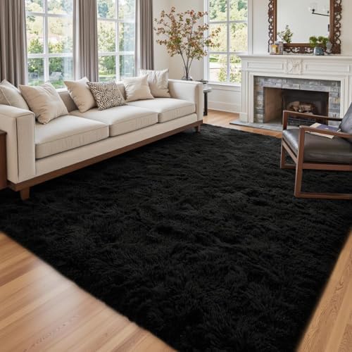 7x10 Ft Extra Large Shag Rugs for Living Room, Ultra Soft Fluffy Furry Area Rugs for Bedroom Indoor Floor, Aesthetic Carpet for Kids Home Decor (Black) by Cuzwlovita