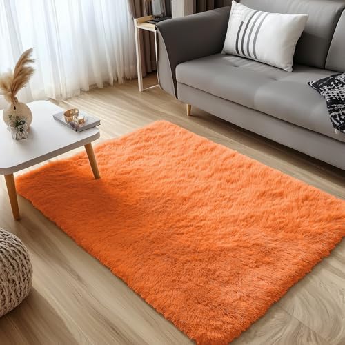 OLANLY 3x5 Machine Washable Small Bedside Rug, Soft Fluffy Shaggy Rugs for Living Room, Bedroom, Indoor Floor Carpet for Kids Girls and Boys, Preppy Dorms, Nursery, Home Decor Aesthetic, Orange - Image 3