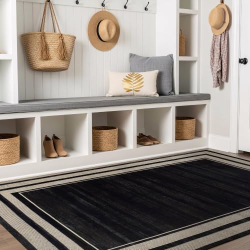 Rugshop Striped Border Machine Washable Non-Slip Area Rug, 3' x 5' Black by Rugshop