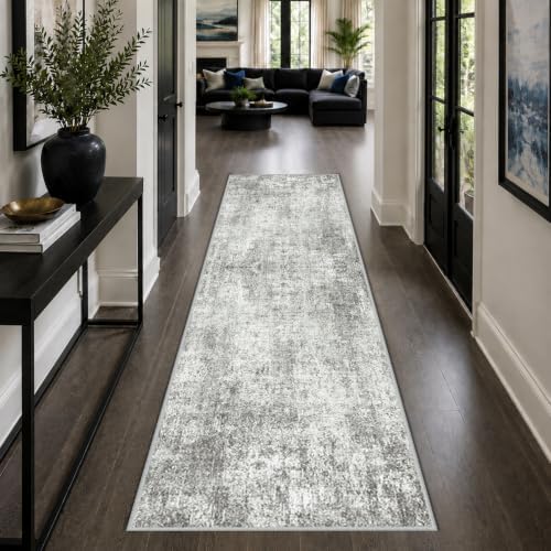 RELEANY Washable Runner 2'x8' Abstract Area Rug for Hallway Gray White - Image 4