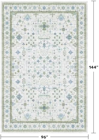 Cream Green Large 8x12 Area Rug for Living Room - Washable Non Skid Geometric Floral Carpet for Dining Room, Playroom, Bedroom - Blue and Green Soft Floral Rug - Image 2