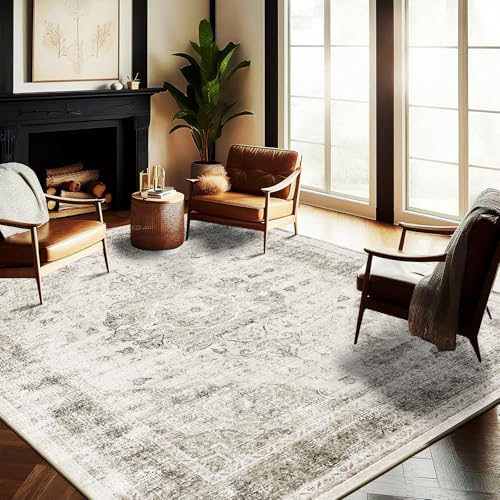 CHAMPLANT Washable Area Rug 9'x12' Retro Floral Khaki Boho Design Non-Shedding Easy Care Ideal for High Traffic Areas in Living Room Bedroom Office Coffee Table Kitchen Large Carpet - Image 2