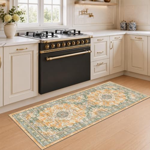 2x6 Boho Washable Runner Area Rugs, Non Slip Foldable Carpets, Green Orange - Image 2