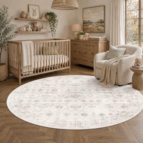 Washable 6ft Round Living Room Rug Non-Slip Floral Beige Throw Carpet - Image 3