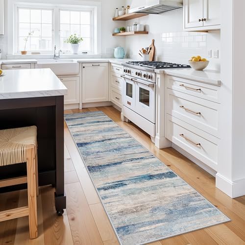 YOUFORTONG 2x8 Runner Rug Washable: Modern Abstract Kitchen Hallway Stain Resistant Carpet with Non Slip Backing Indoor Home Decor Low Pile Thin Rugs for Entryway Laundry Bathroom 2x8 Blue by YOUFORTONG