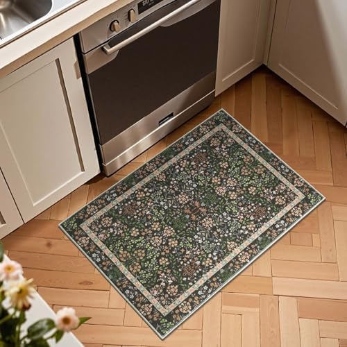 jinchan 2x3 Washable Entryway Area Rug, Floral Non-Slip, Black - Image 2