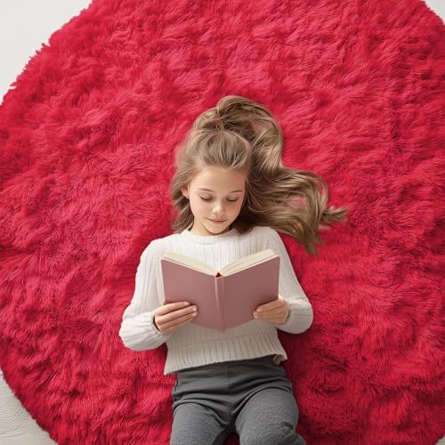 OLANLY Red Round Rugs for Bedroom - Machine Washable, 5 ft Circle Area Rugs for Living Room, Soft and Fluffy Shaggy Carpet for Teen Girls and Boys, Nursery Rooms, Dorms, Home Decor Aesthetic by OLANLY