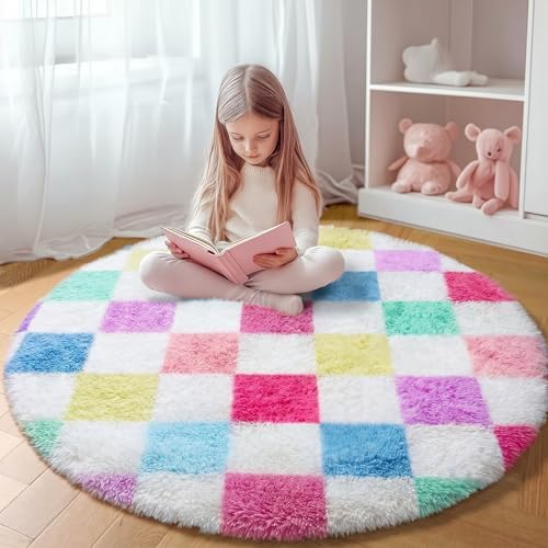 KICMOR Pink Rainbow Round Rug for Bedroom Girls, Cute Fluffy Soft 4ft Circle Area Rug Small Fuzzy Shag Shaggy Living Room Carpet, Circular Checkered Rug for Kids Room Home Decor Aesthetic, Nursery by KICMOR