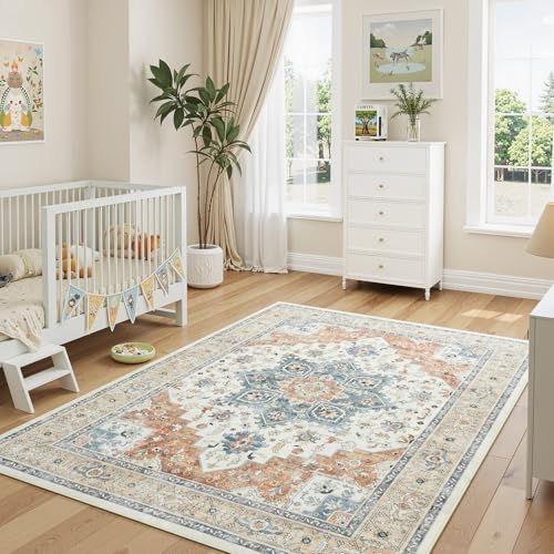 5x7 Area Rugs for Living Room, Boho Washable Rug Beige & Orange - Image 4