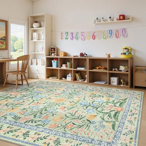 Lahome Green 8x10 Playroom Bedroom Rug, 8x10 Boho Cottage Core Rug - Image 3