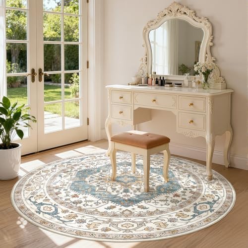 Area Rug for Living Room - 5x5 Soft Washable Oriental Vintage Floral Distressed Large Carpet - Fade Stain Resistant Non Slip Rugs for Bedroom Dining Room Nursery Dorm Office Home Decor - Blue/Beige - Image 6