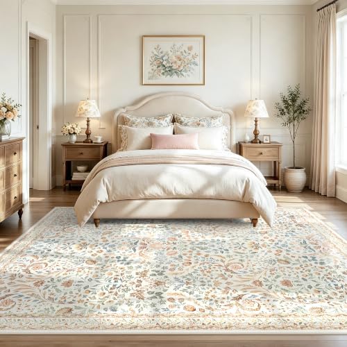 Tosuoka 6x9 Area Rugs Washable Vintage Floral Rug Boho Beige Neutral Carpet - Image 2