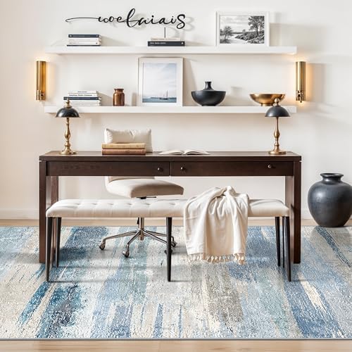 Abstract 4x10 Kitchen Runner Rug - Indoor Washable Non Slip Rugs for Hallway Bedroom Living Room Office Wide Stain Resistant Carpet Soft Modern Home Decor Floor Mat for Bathroom 4x10 Blue - Image 3