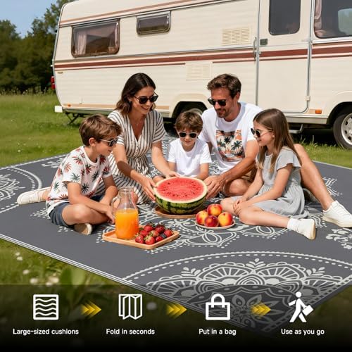 Pauwer Waterproof Outdoor Rug 8x10, Plastic Straw Patio Mat, Floral Grey - Image 5