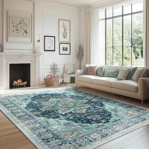 BESTSWEETIE Washable Boho 8x10 Area Rug for Living Room, Teal Dark Green by BESTSWEETIE
