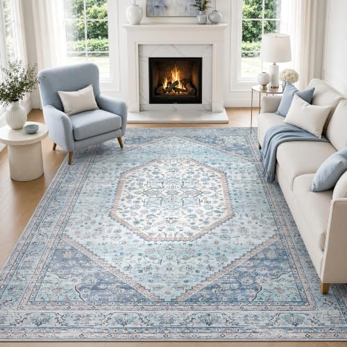 DCX 9x12 Washable Area Rug for Living Room, Non Slip Low Pile Rug, Blue by DCXWashableRug