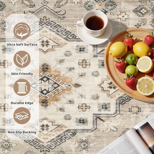 cotiled 8ft Round Living Room Area Rug, Washable, Traditional, Beige - Image 3
