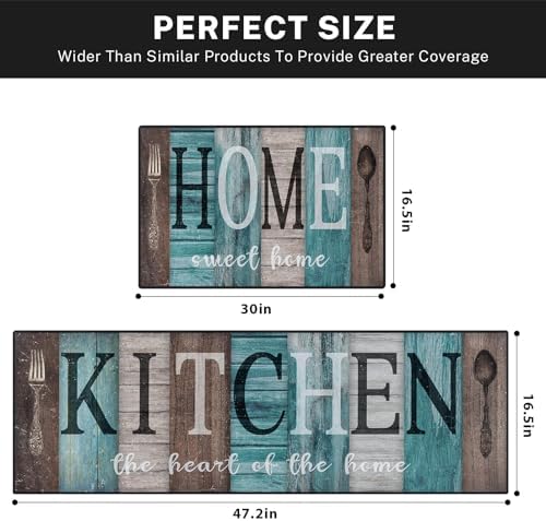 Teal Kitchen Rugs Set of 2 Non Slip Washable Farmhouse Turquoise - Image 3