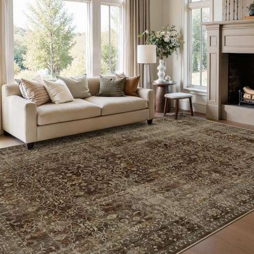 Distressed Coffee Brown Living Room Rugs 6x9, Washable Non Slip Thin Carpet Rugs for Dining Room Under Table, Vintage Earth Tone Area Rugs for Bedroom Home Office Reading Nook by Jainmy