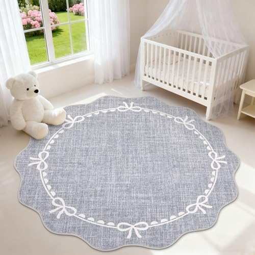 GarveeHome 5ft Round Rugs Washable Scalloped Bow Rug for Bedroom, Grey by GarveeHome