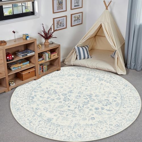 PureCozy Blue 3x3 Round Area Rug Vintage Washable Carpet Non Slip - Image 5