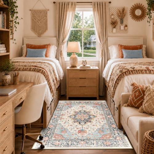 RELEANY Washable Area Rug, 3'x5', Beige/Blue/Orange - Image 2