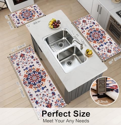 HEBE Boho Kitchen Rugs Set of 3, Non Slip Washable Kitchen Mats for Floor - Image 2