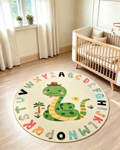TWINNIS Kids Animal Print Round Rug for Playroom, Alphabet Washable Area Rugs for Boy Girl Baby Toddler Children, 5x5 Cute ABC Mat Play Carpet Nursery Bedroom Decor, Snake - Image 2