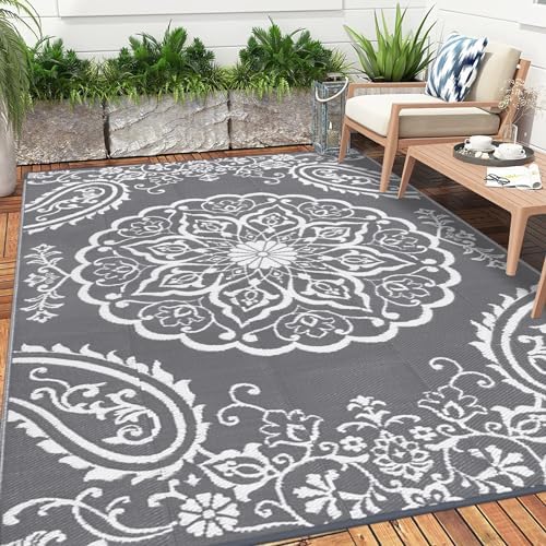 Pauwer Outdoor Rug 9x12, Waterproof Plastic Straw Camping Rug, Boho Grey - Image 6