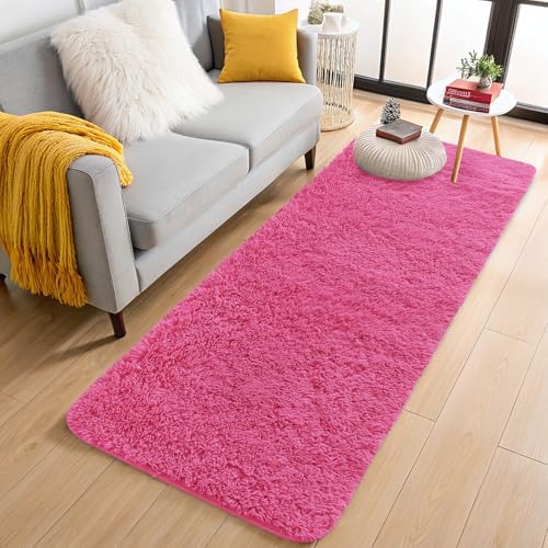 OLANLY 2x6 Machine Washable Runner Rugs for Hallway, Soft Fluffy Shaggy Bedside Rugs for Bedroom, Living Room, Indoor Floor Carpet for Kids Girls Boys, Nursery Rooms, Home Decor Aesthetic, Hot Pink by OLANLY