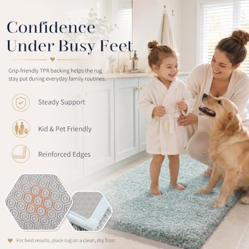 Yimobra Long Bathroom Rug 44x24, Non Slip Bath Mat, Sky Light Blue&White - Image 4