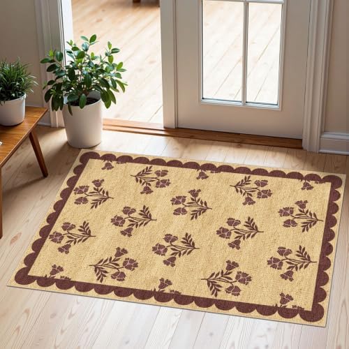 Front Door Mat Outside Entrance - 2x3 Floral Non-Slip Washable Doormat Indoor Outdoor Mat Jute-Look Farmhouse Burgundy Scalloped Entry Rug Small Throw Rugs for Entryway Front Porch Decor by Othilic