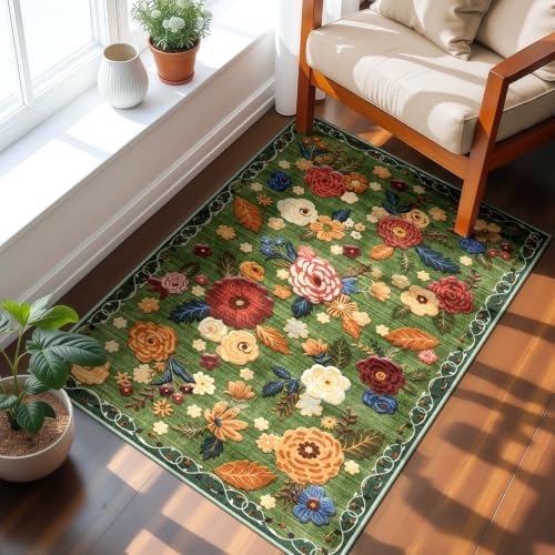 Washable 2x3 Small Area Rug, Green Boho Floral Non-Slip Entryway Door Mat - Image 4